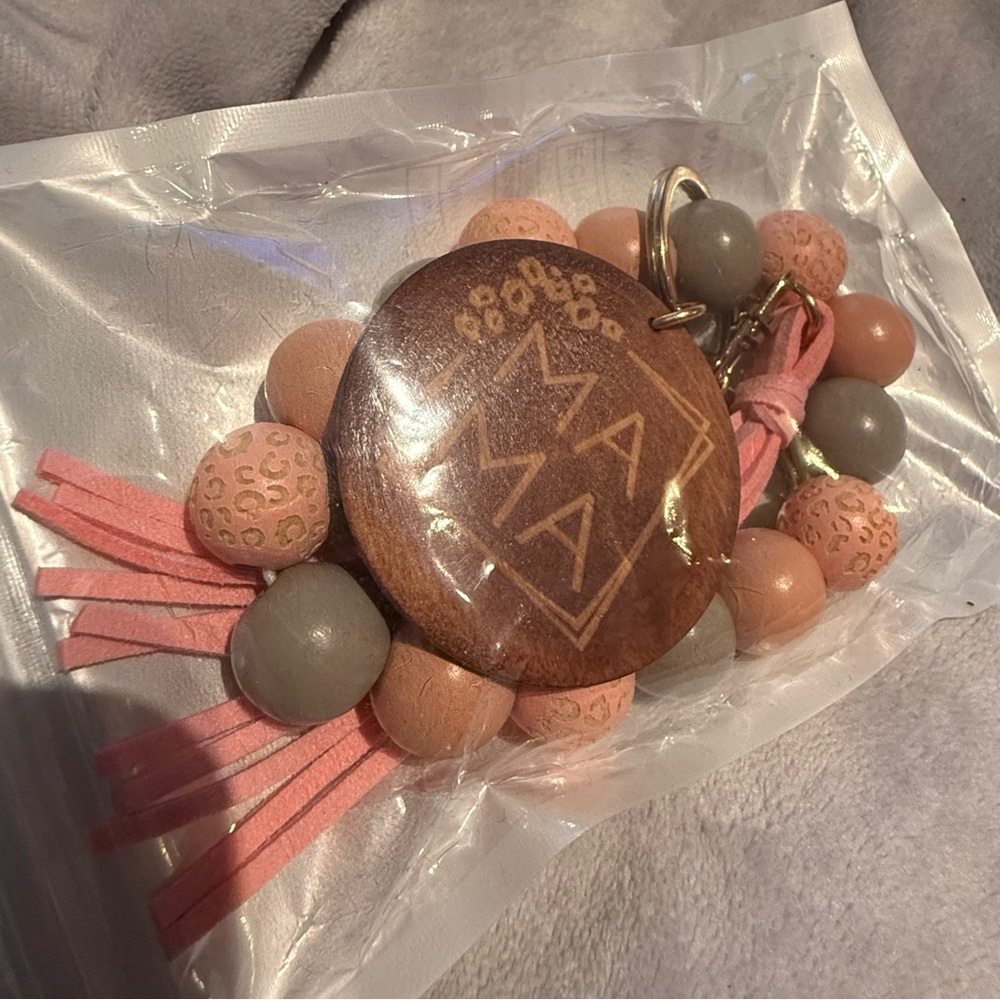 Pink and Gray Beaded Keychain with Wooden MAMA Charm